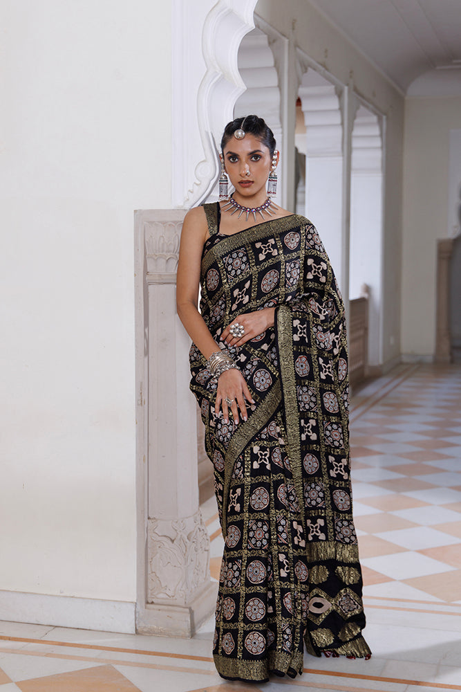 Handcrafted Black Ajrakh Modal Silk Saree With Zari Check Motifs