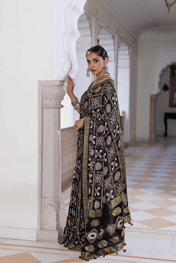 Handcrafted Black Ajrakh Modal Silk Saree With Zari Check Motifs