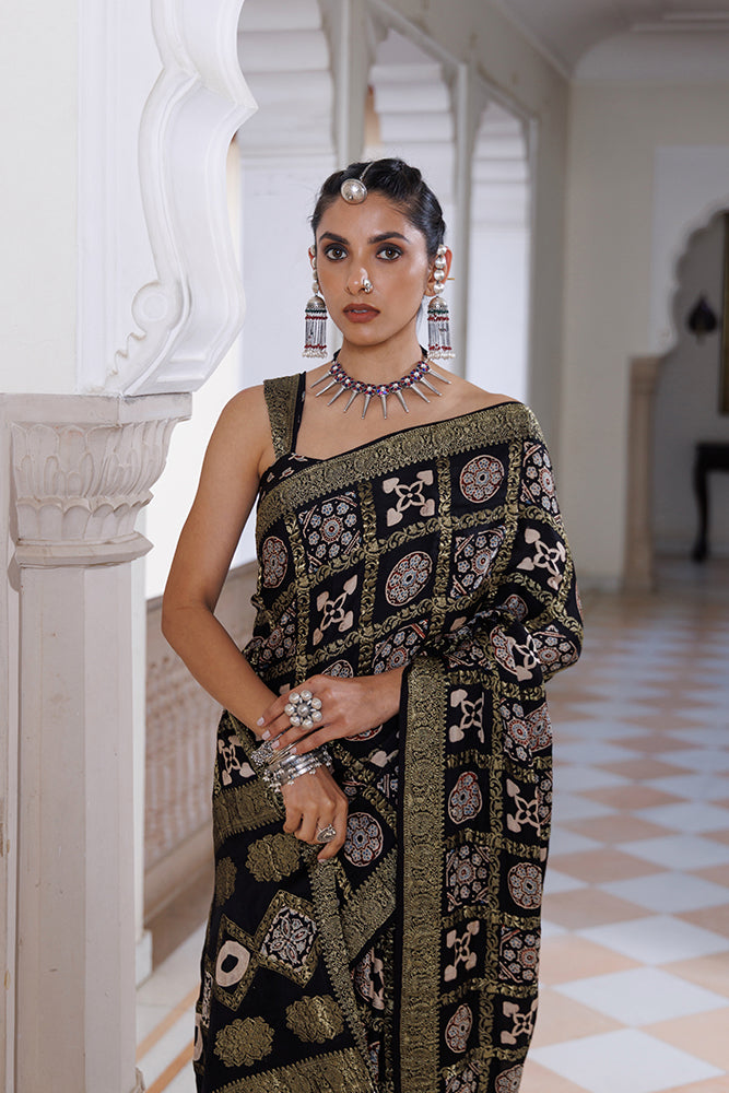 Handcrafted Black Ajrakh Modal Silk Saree With Zari Check Motifs