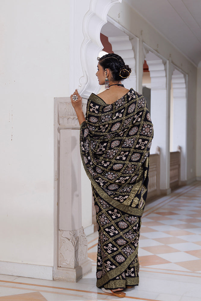 Handcrafted Black Ajrakh Modal Silk Saree With Zari Check Motifs