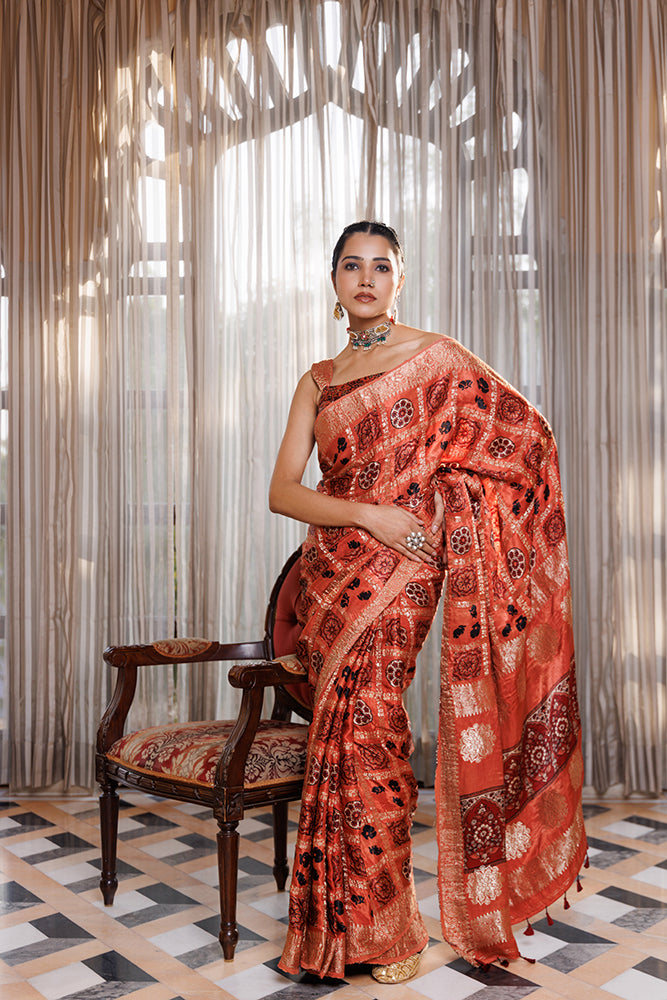 Peach Ajrakh Hand-Block Printed Zari Modal Silk Saree