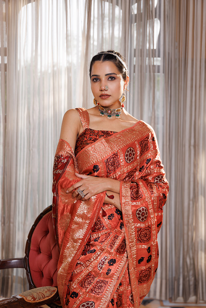 Peach Ajrakh Hand-Block Printed Zari Modal Silk Saree