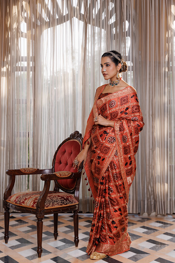 Peach Ajrakh Hand-Block Printed Zari Modal Silk Saree
