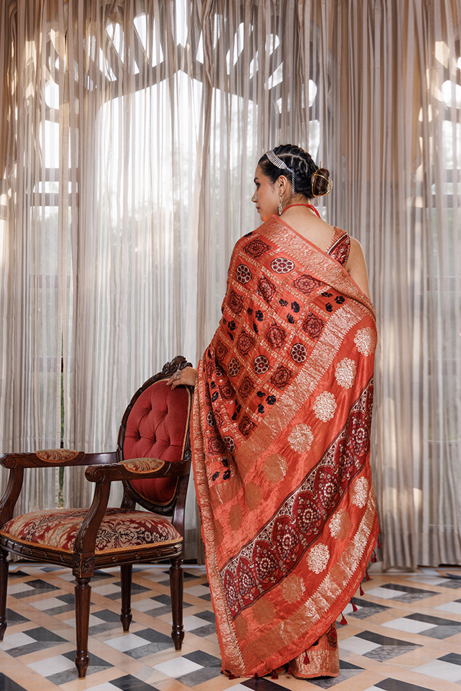 Peach Ajrakh Hand-Block Printed Zari Modal Silk Saree