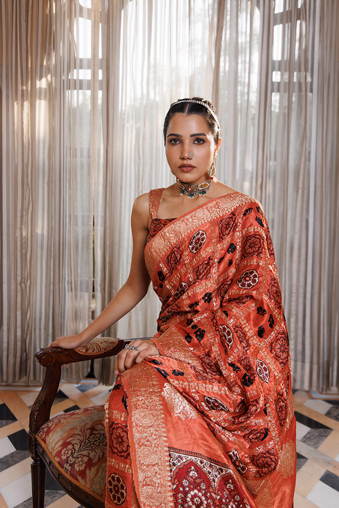 Peach Ajrakh Hand-Block Printed Zari Modal Silk Saree