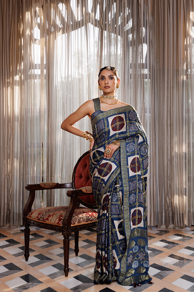 Traditional Indigo Ajrakh Hand-Block Printed Modal Silk Saree