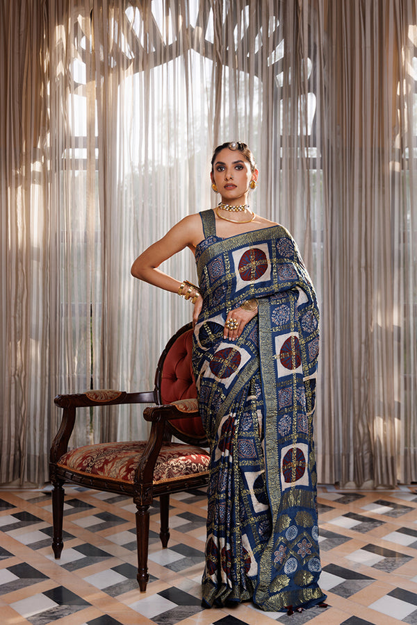 Indigo Ajrakh Saree With Golden Zari Checks