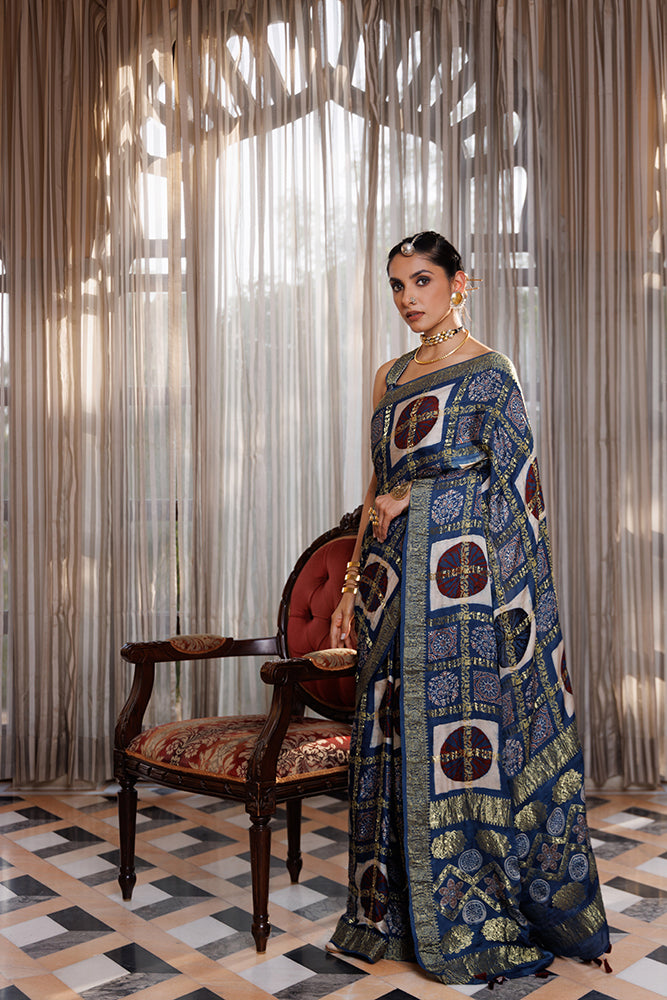 Traditional Indigo Ajrakh Hand-Block Printed Modal Silk Saree