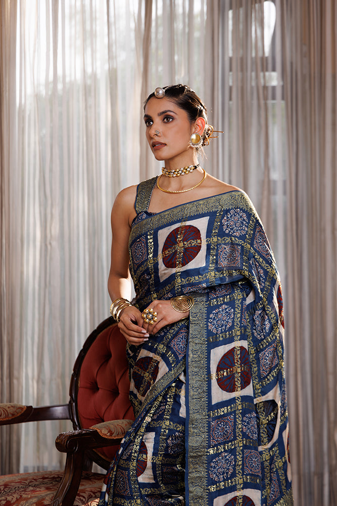 Traditional Indigo Ajrakh Hand-Block Printed Modal Silk Saree