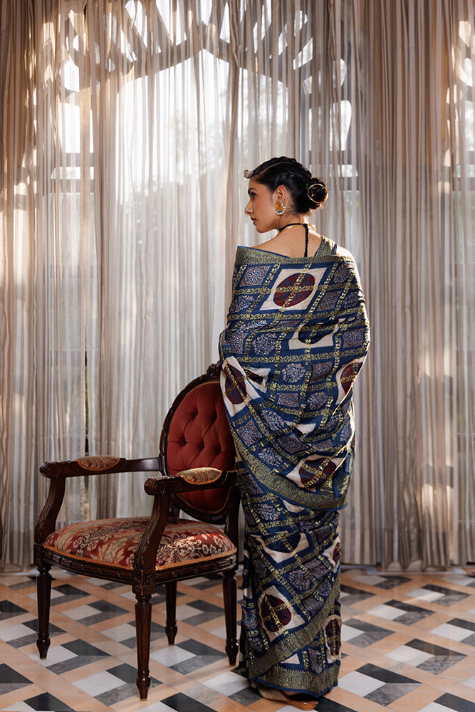 Traditional Indigo Ajrakh Hand-Block Printed Modal Silk Saree