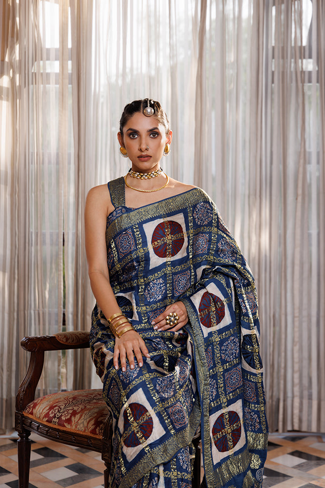 Traditional Indigo Ajrakh Hand-Block Printed Modal Silk Saree