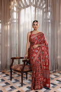 Maroon Ajrakh Hand-Block Printed Modal Silk Saree With Zari Checks