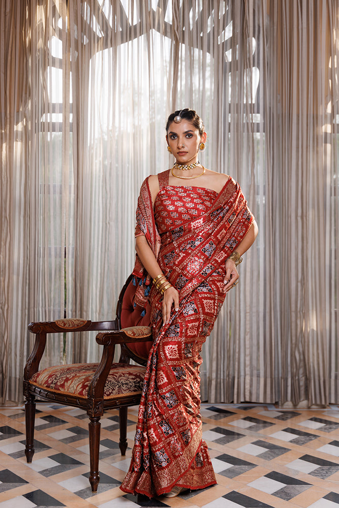 Maroon Ajrakh Hand-Block Printed Modal Silk Saree With Zari Checks