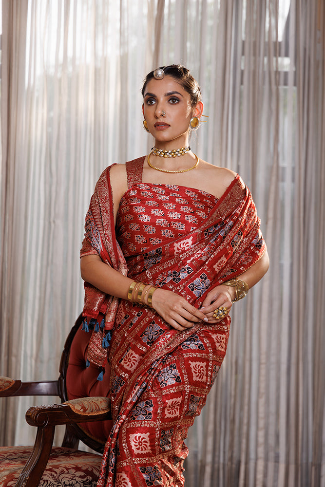 Maroon Ajrakh Hand-Block Printed Modal Silk Saree With Zari Checks