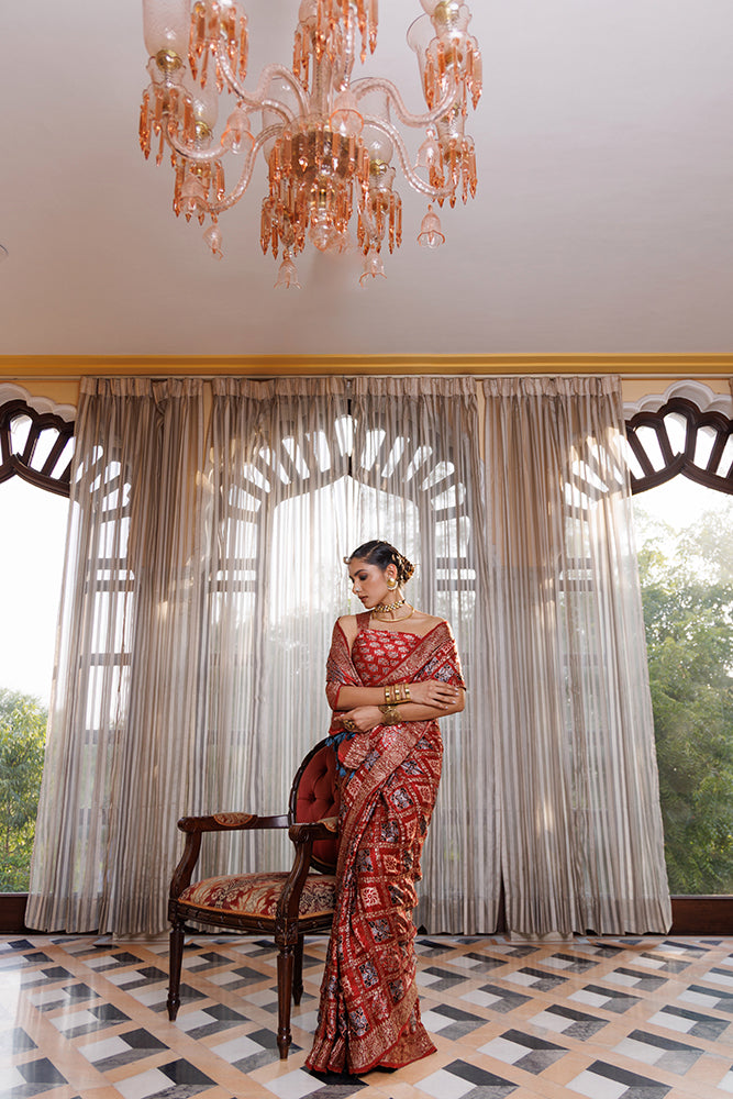 Maroon Ajrakh Hand-Block Printed Modal Silk Saree With Zari Checks