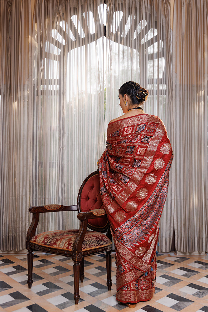 Maroon Ajrakh Hand-Block Printed Modal Silk Saree With Zari Checks