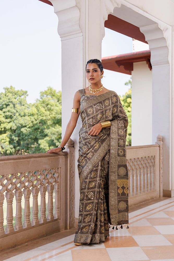 Mint Grey Ajrakh Hand-Block Printed Modal Silk Saree With Zari Work
