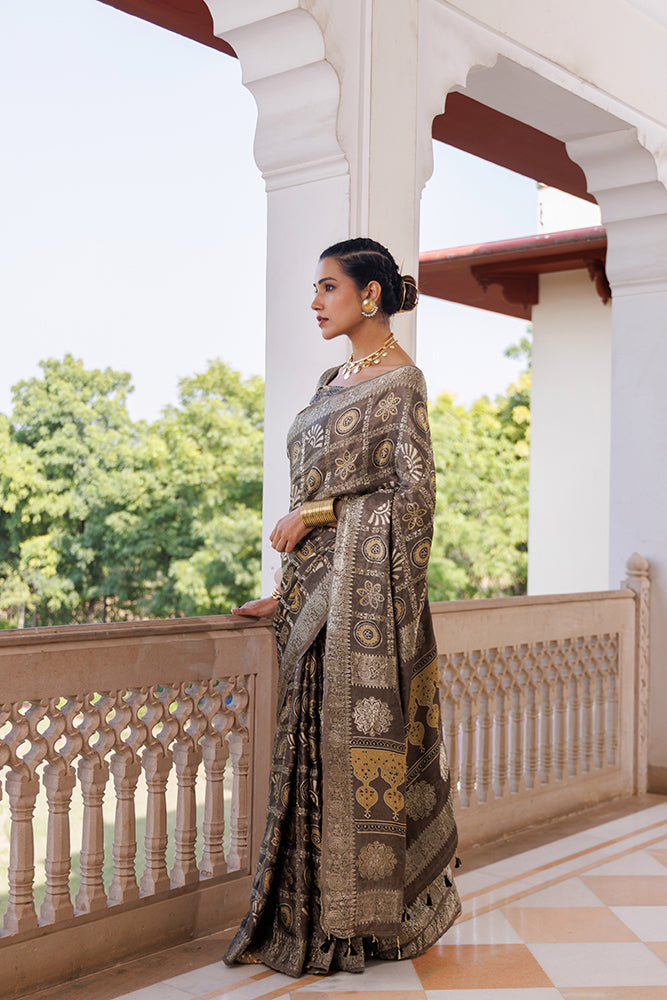 Mint Grey Ajrakh Hand-Block Printed Modal Silk Saree With Zari Work