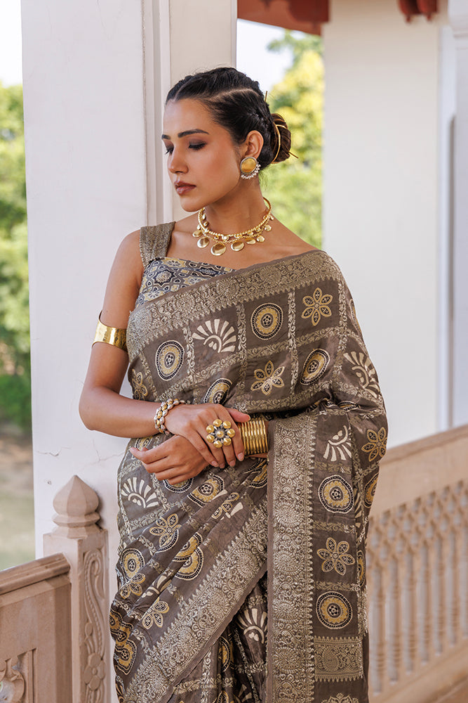 Mint Grey Ajrakh Hand-Block Printed Modal Silk Saree With Zari Work