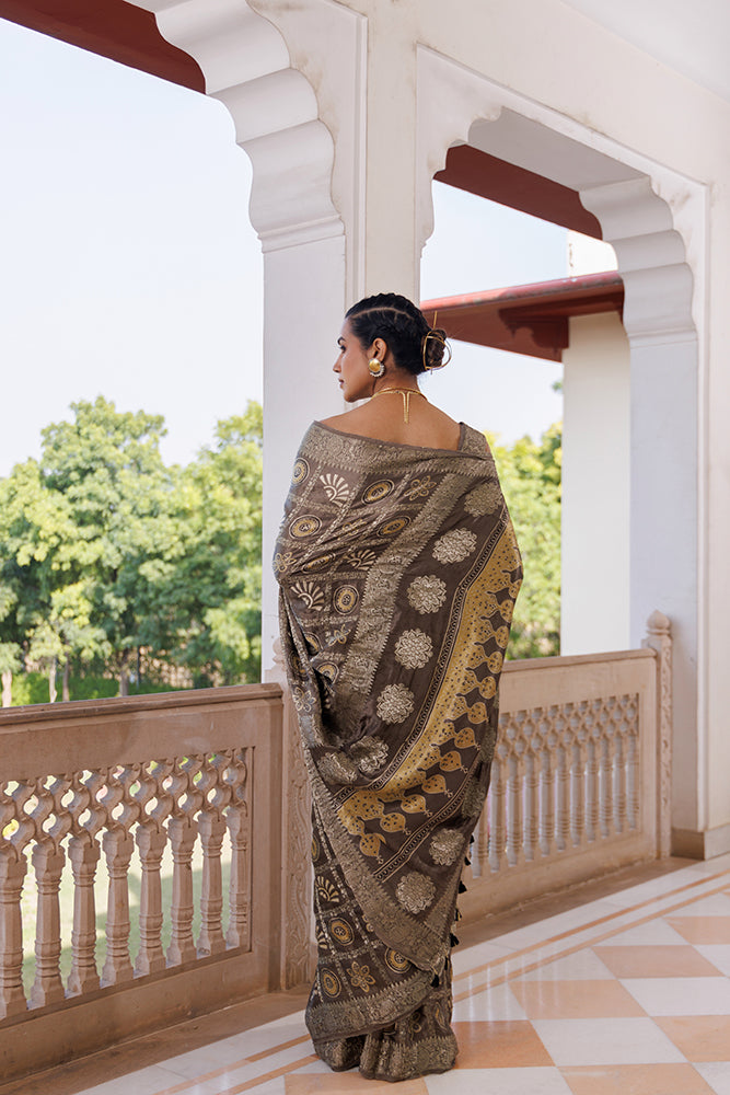 Mint Grey Ajrakh Hand-Block Printed Modal Silk Saree With Zari Work