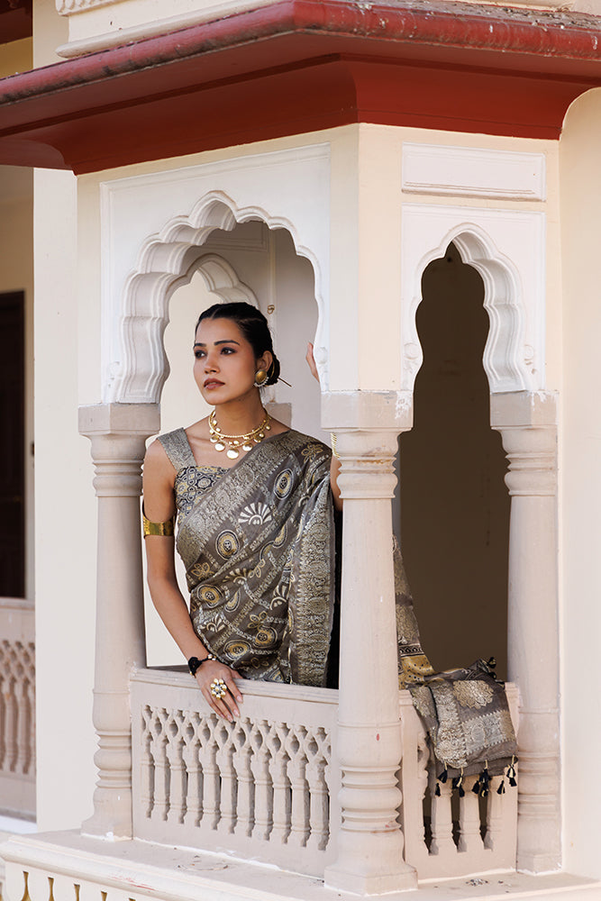 Mint Grey Ajrakh Hand-Block Printed Modal Silk Saree With Zari Work