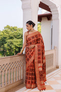 Peach Ajrakh Hand-Block Zari Work Modal Silk Saree