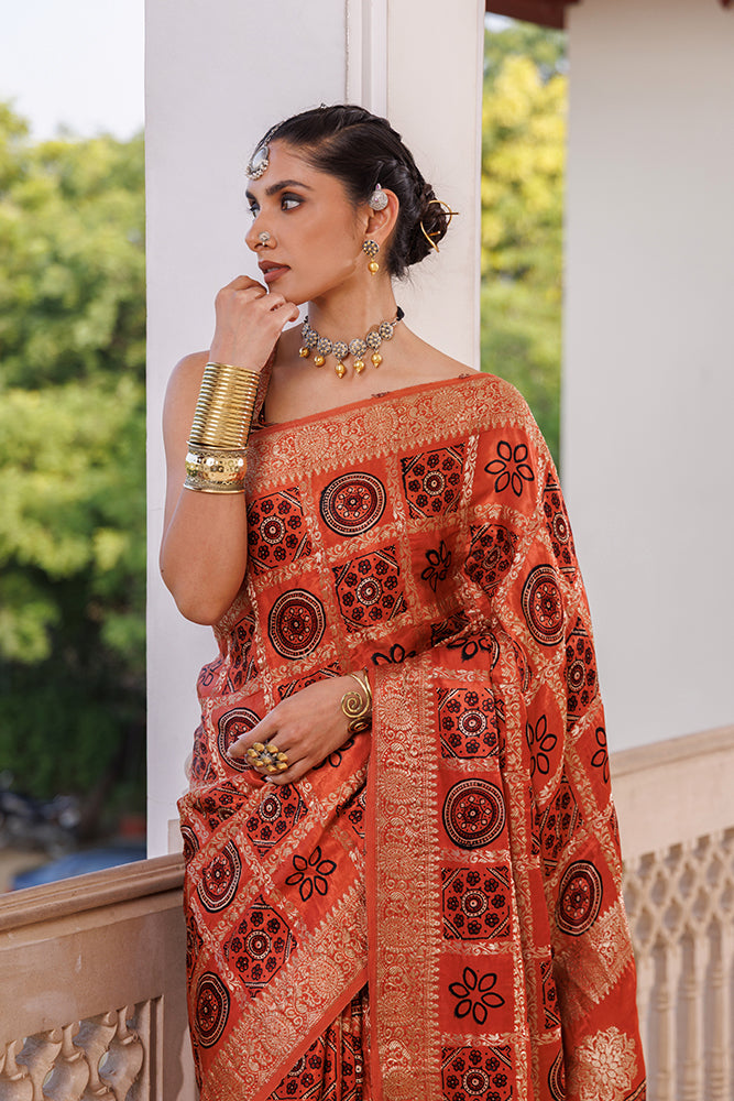 Peach Ajrakh Hand-Block Zari Work Modal Silk Saree