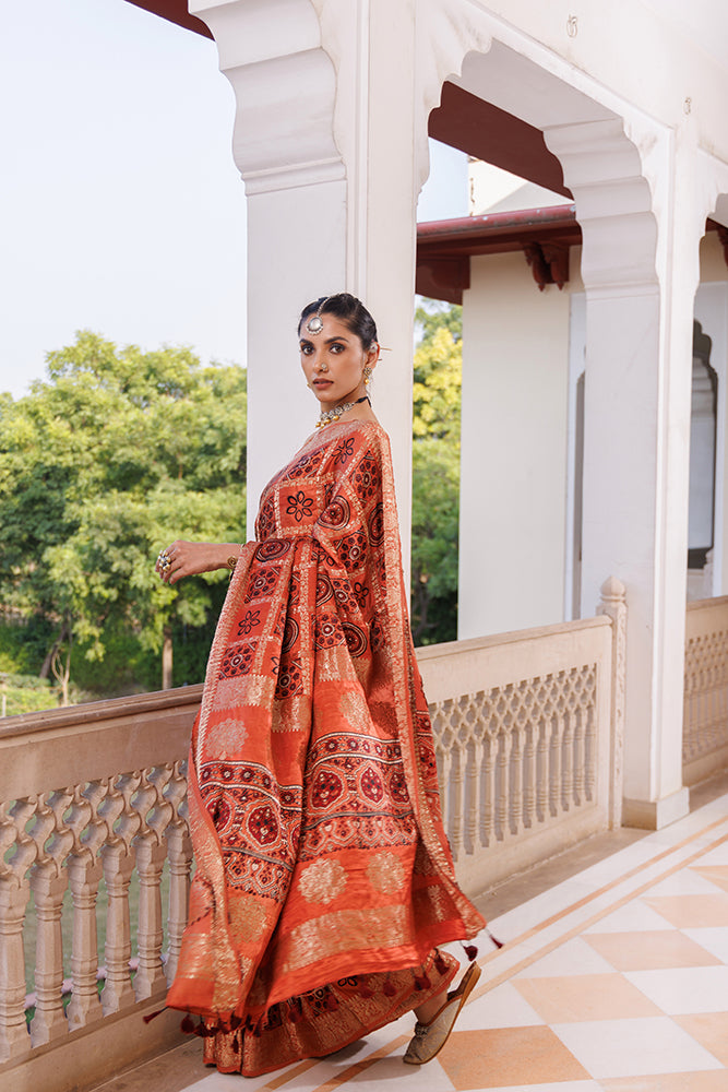 Peach Ajrakh Hand-Block Zari Work Modal Silk Saree