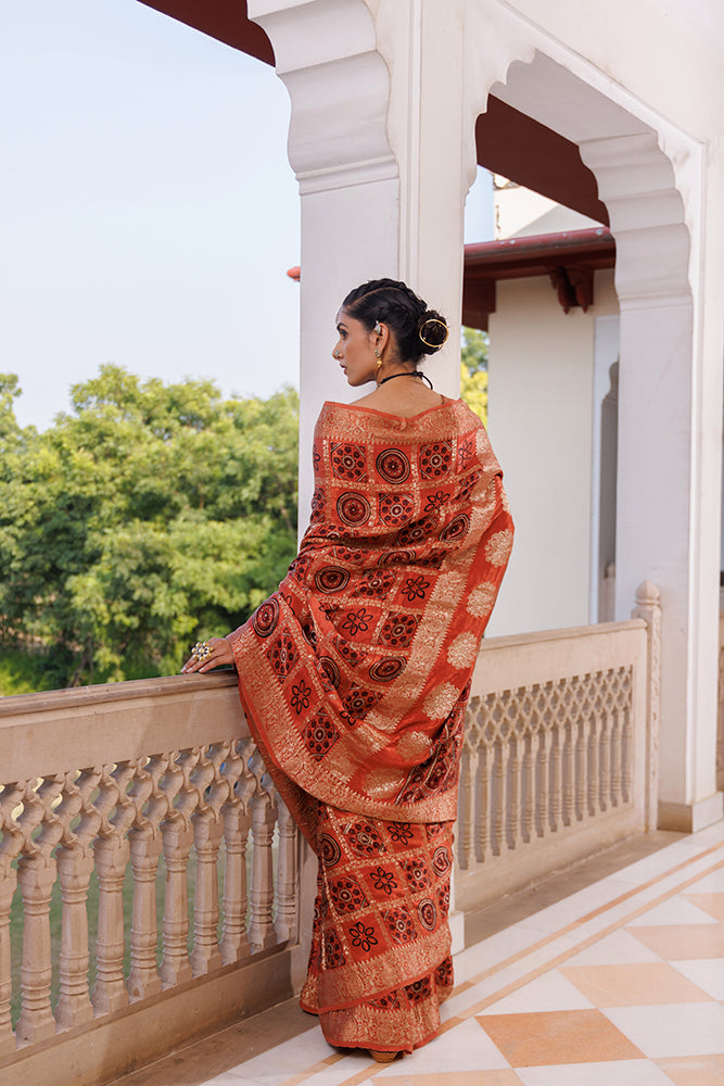 Peach Ajrakh Hand-Block Zari Work Modal Silk Saree