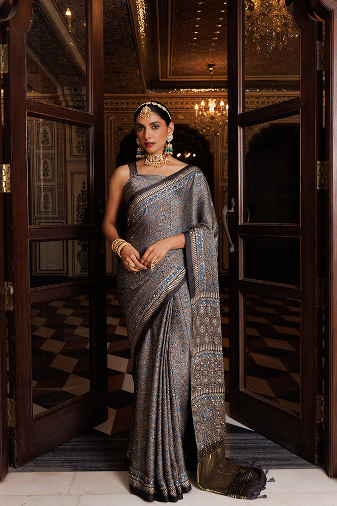 Grey Ajrakh Hand-Block Printed Modal Silk Saree With Aari & Sequins Work