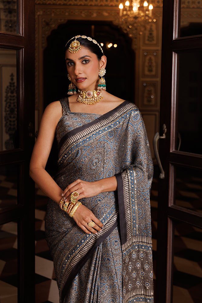 Grey Ajrakh Hand-Block Printed Modal Silk Saree With Aari & Sequins Work