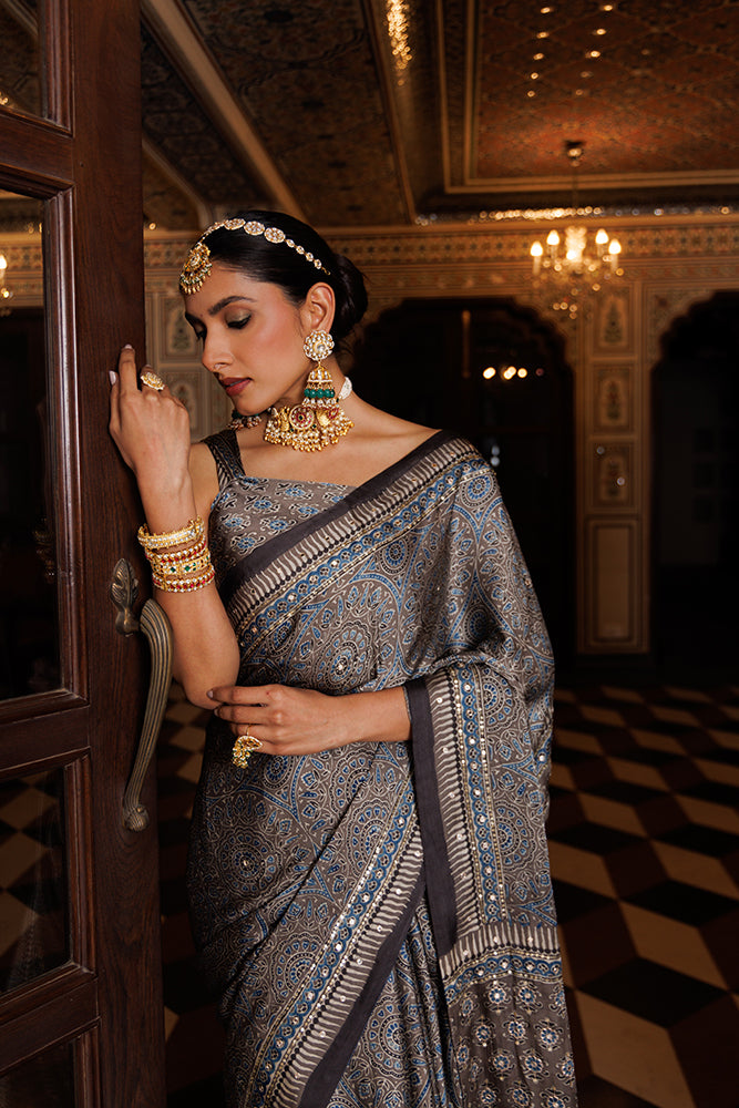 Grey Ajrakh Hand-Block Printed Modal Silk Saree With Aari & Sequins Work