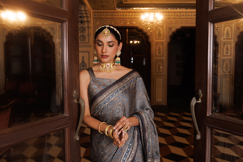 Grey Ajrakh Hand-Block Printed Modal Silk Saree With Aari & Sequins Work