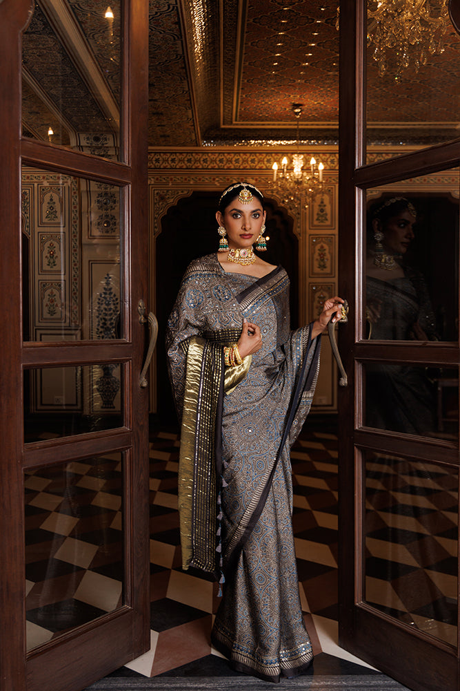 Grey Ajrakh Hand-Block Printed Modal Silk Saree With Aari & Sequins Work