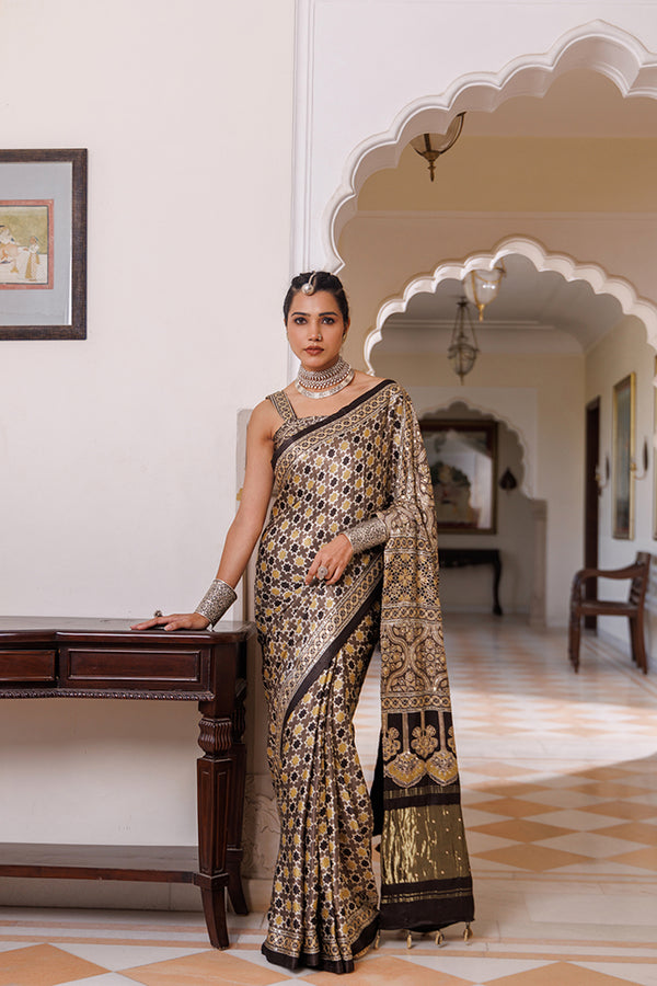 Contemporary Ajrakh Modal Silk Saree In Brown With Aari–Sequins Finish