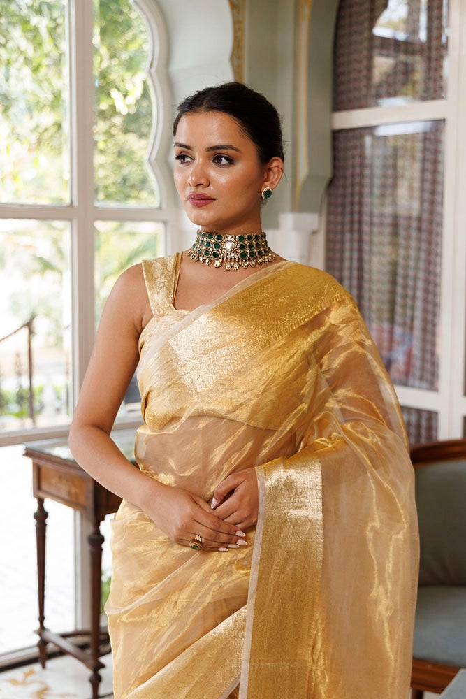 Golden Banarasi Handwoven Zari Tissue Saree