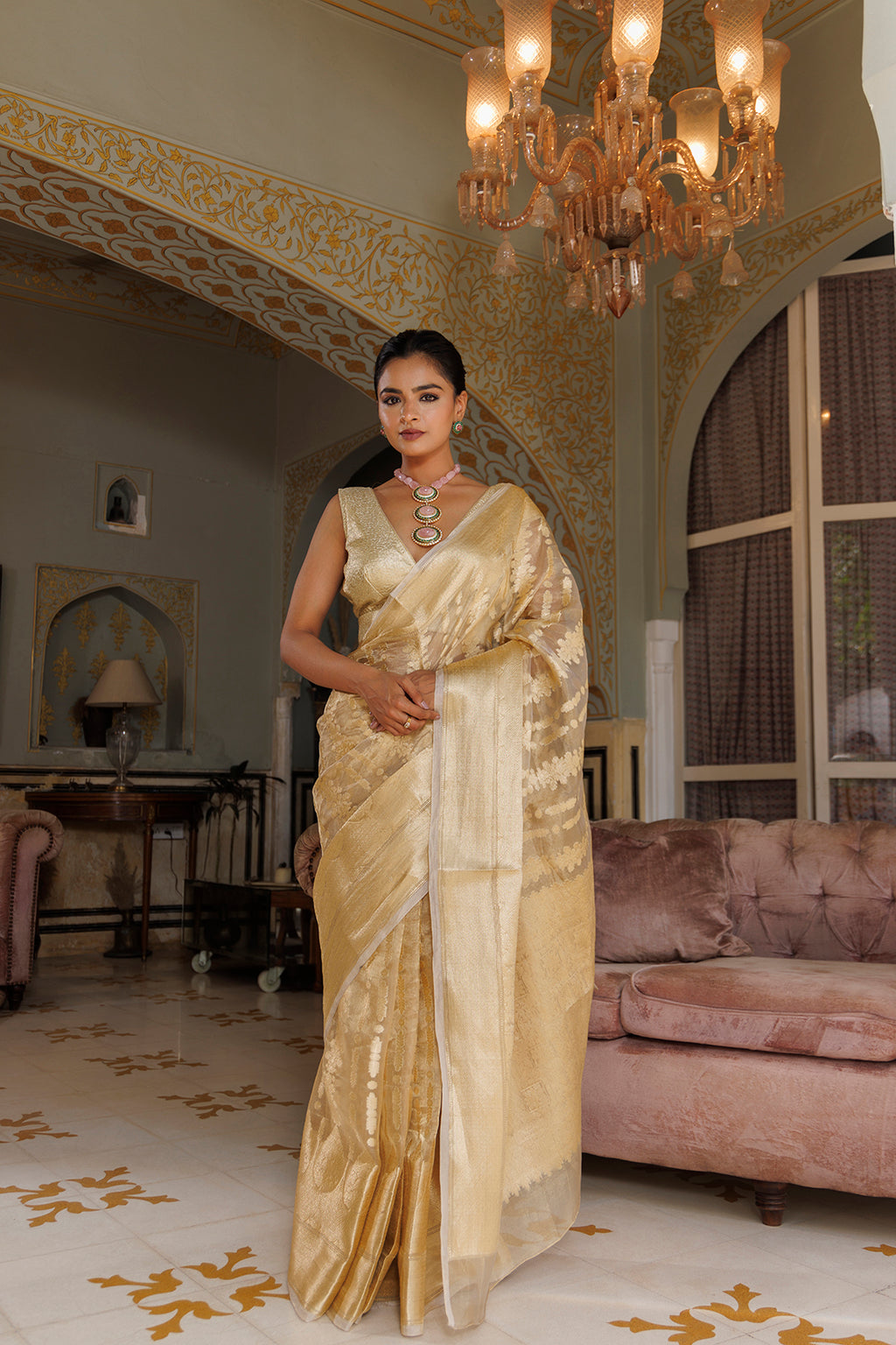 Golden Banarasi Handwoven Tissue Saree With Zari Work