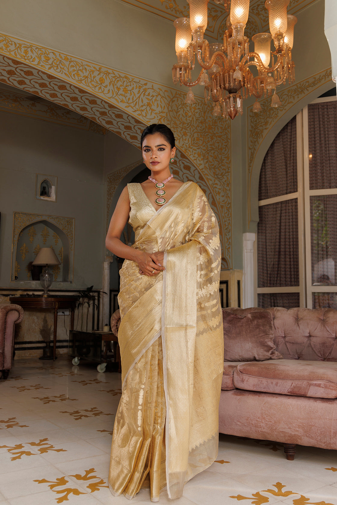 Golden Banarasi Handwoven Tissue Saree With Zari Work