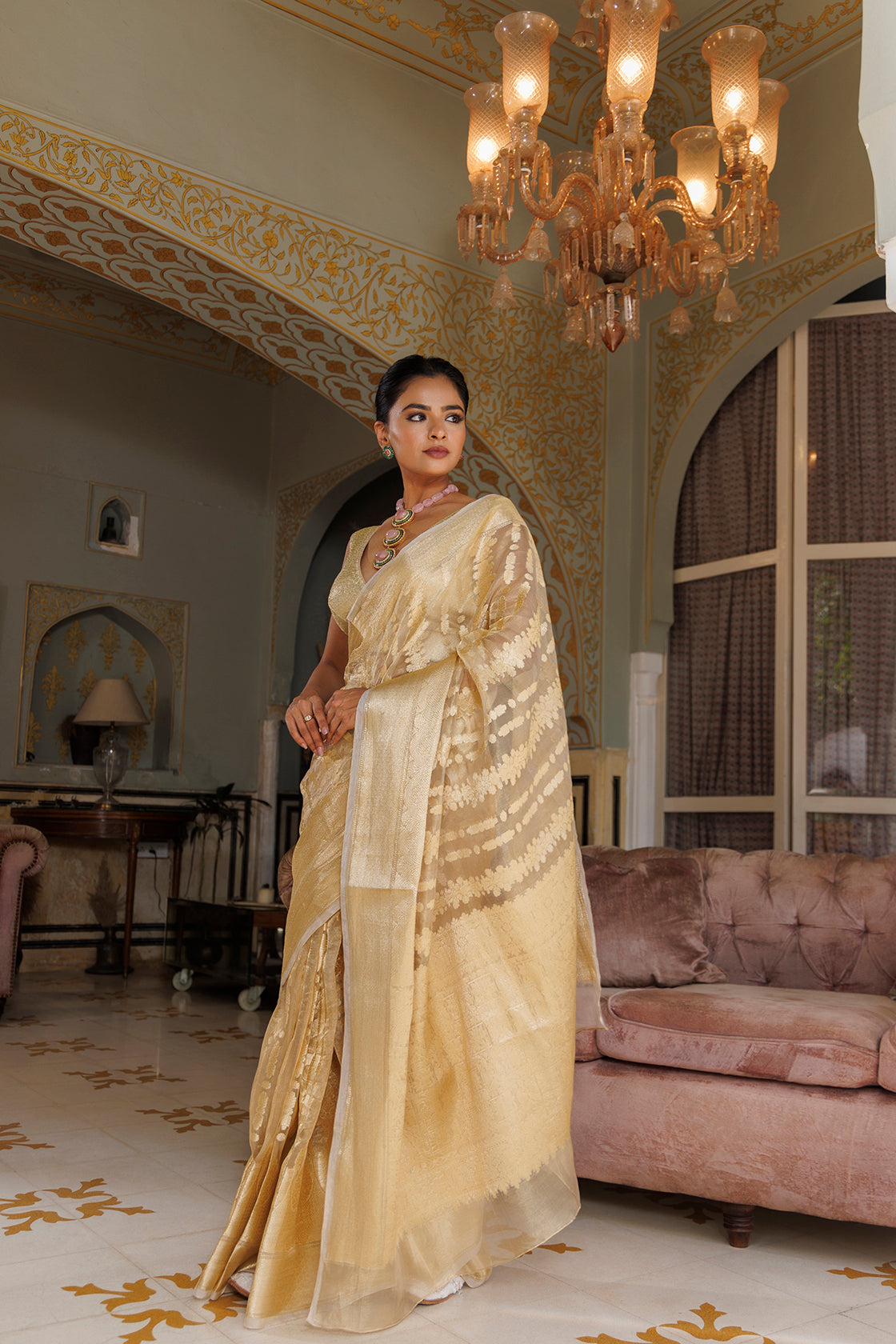 Golden Banarasi Handwoven Tissue Saree With Zari Work