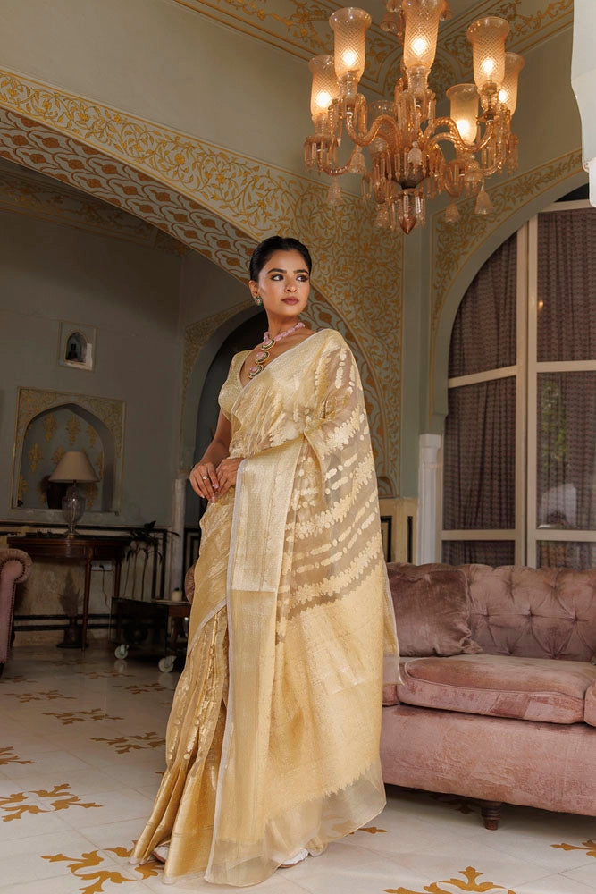 Golden Banarasi Handwoven Tissue Saree with Zari work