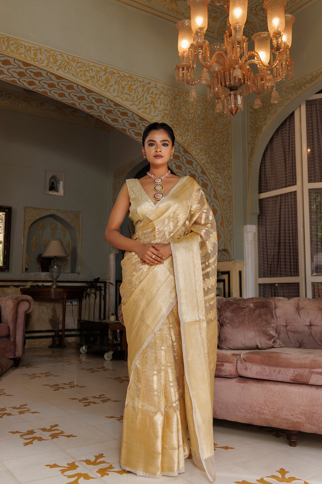 Golden Banarasi Handwoven Tissue Saree With Zari Work