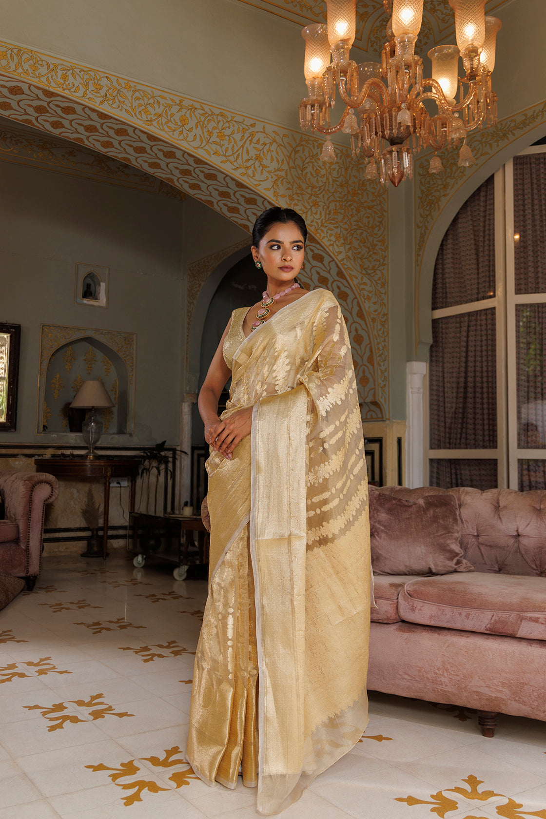 Golden Banarasi Handwoven Tissue Saree With Zari Work