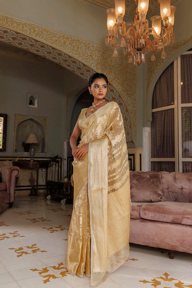 Golden Banarasi Handwoven Tissue Saree with Zari work