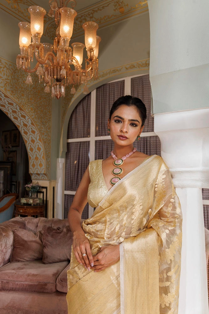 Golden Banarasi Handwoven Tissue Saree with Zari work