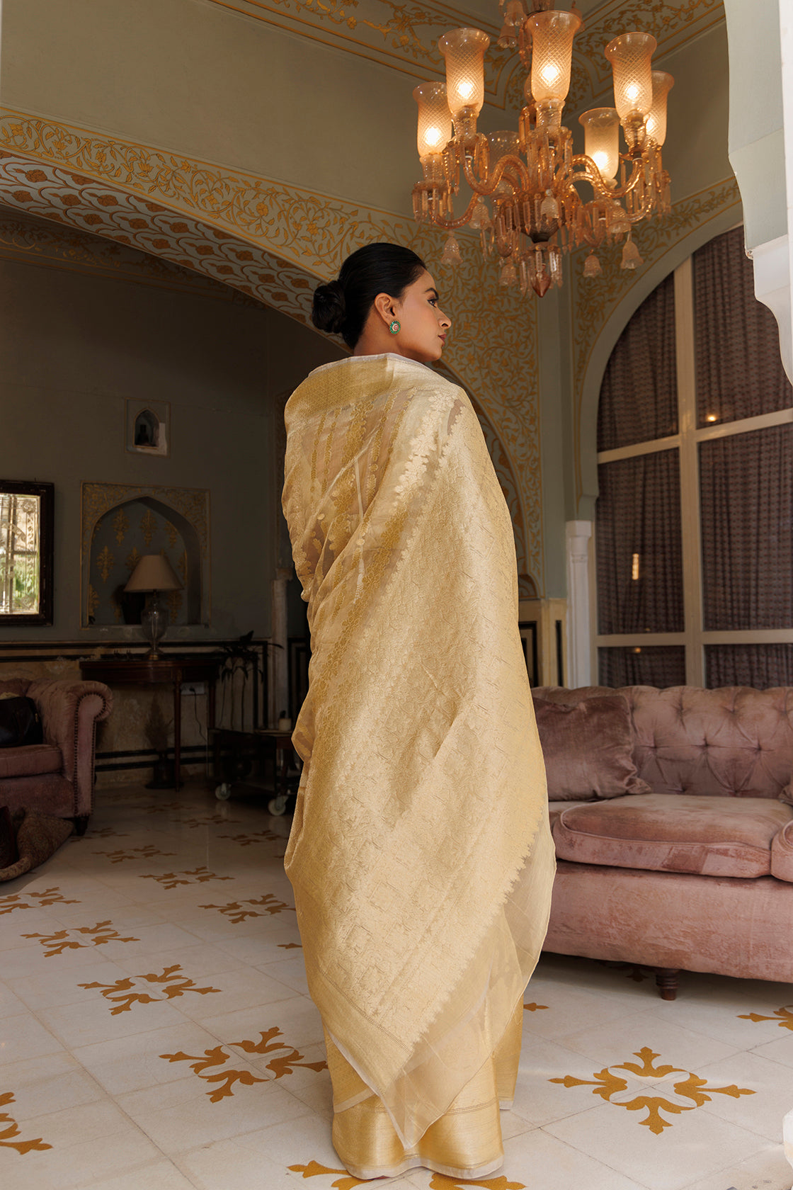 Golden Banarasi Handwoven Tissue Saree With Zari Work