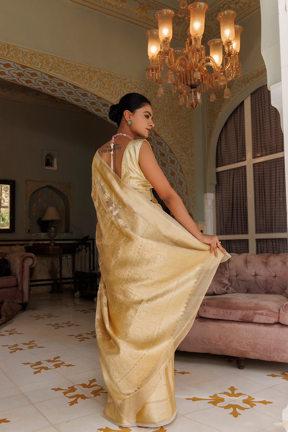 Golden Banarasi Handwoven Tissue Saree With Zari Work