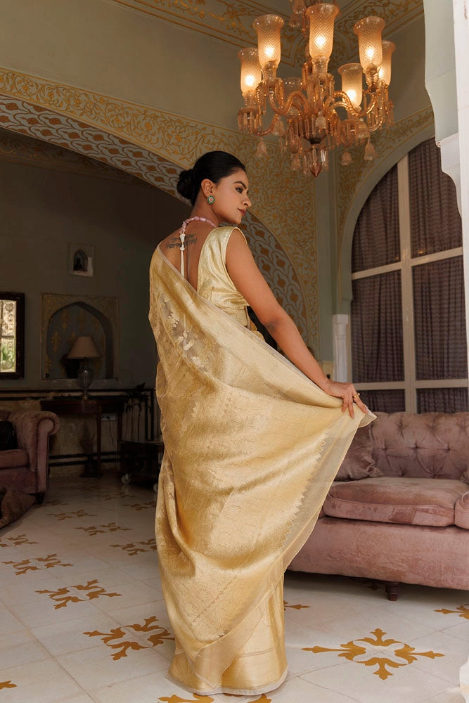 Golden Banarasi Handwoven Tissue Saree with Zari work