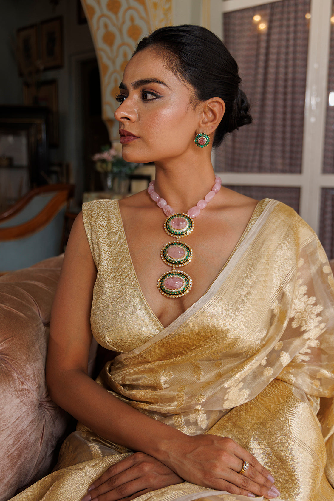 Golden Banarasi Handwoven Tissue Saree With Zari Work