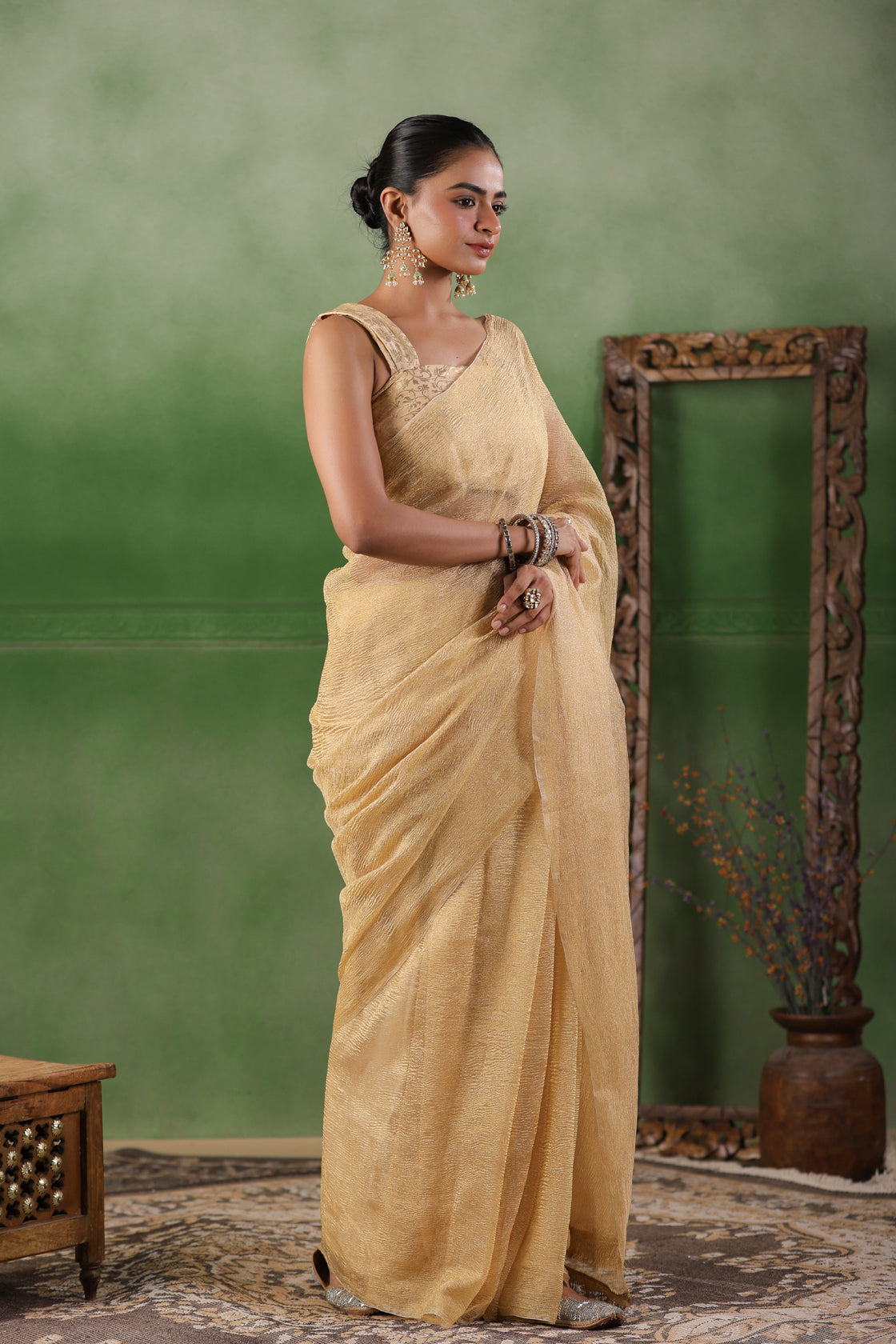 Beige Crushed Tissue Saree