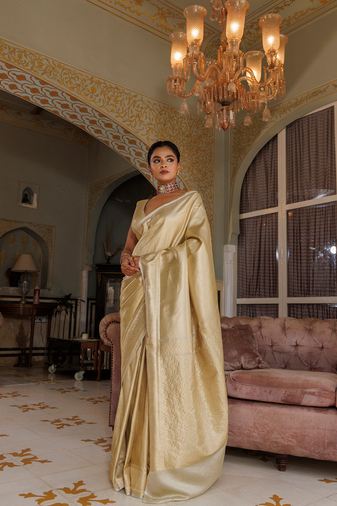 Pure Handwoven Golden Banarasi Silk Saree with Zari